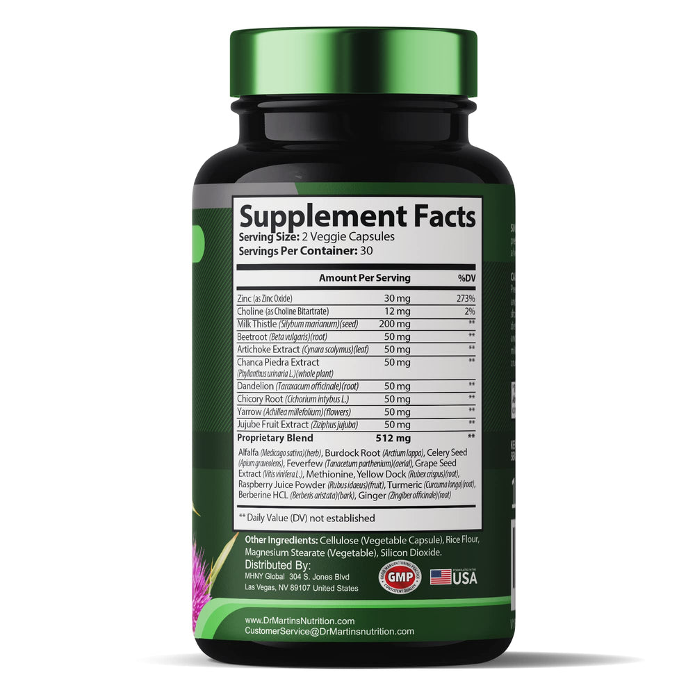 Glass with DR. MARTIN'S NUTRITION liver cleanse capsules ready to take.