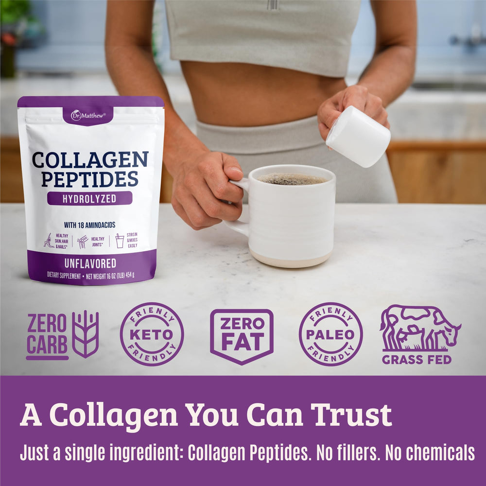 Scoop of unflavored collagen peptides being added to beverage