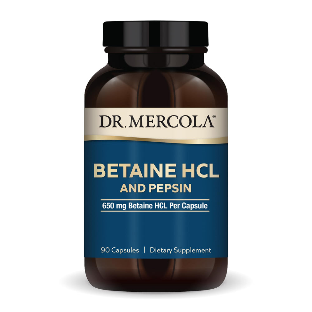 Dr. Mercola Betaine HCL & Pepsin bottle label on white background