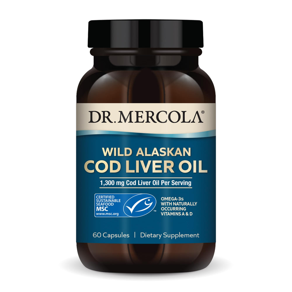 Bottle of Dr. Mercola Cod Liver Oil with label