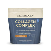 Front view of Dr Mercola Collagen Complex Powder chocolate tub