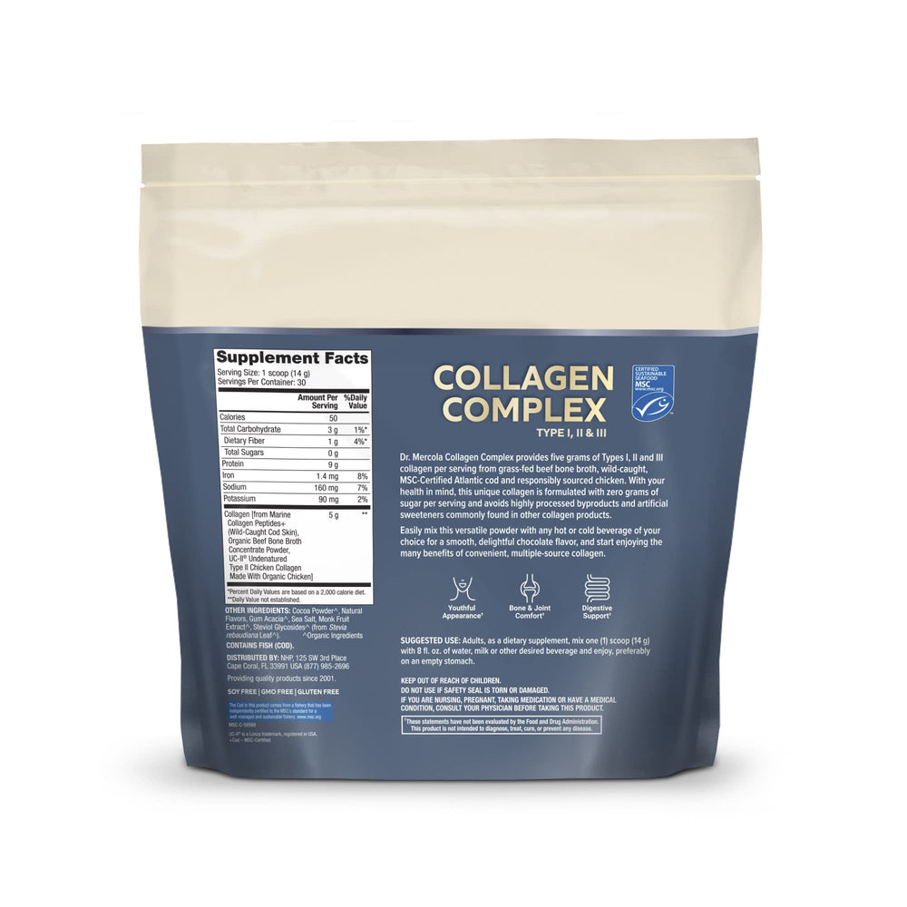 Serving scoop next to Dr Mercola Collagen Complex Powder chocolate