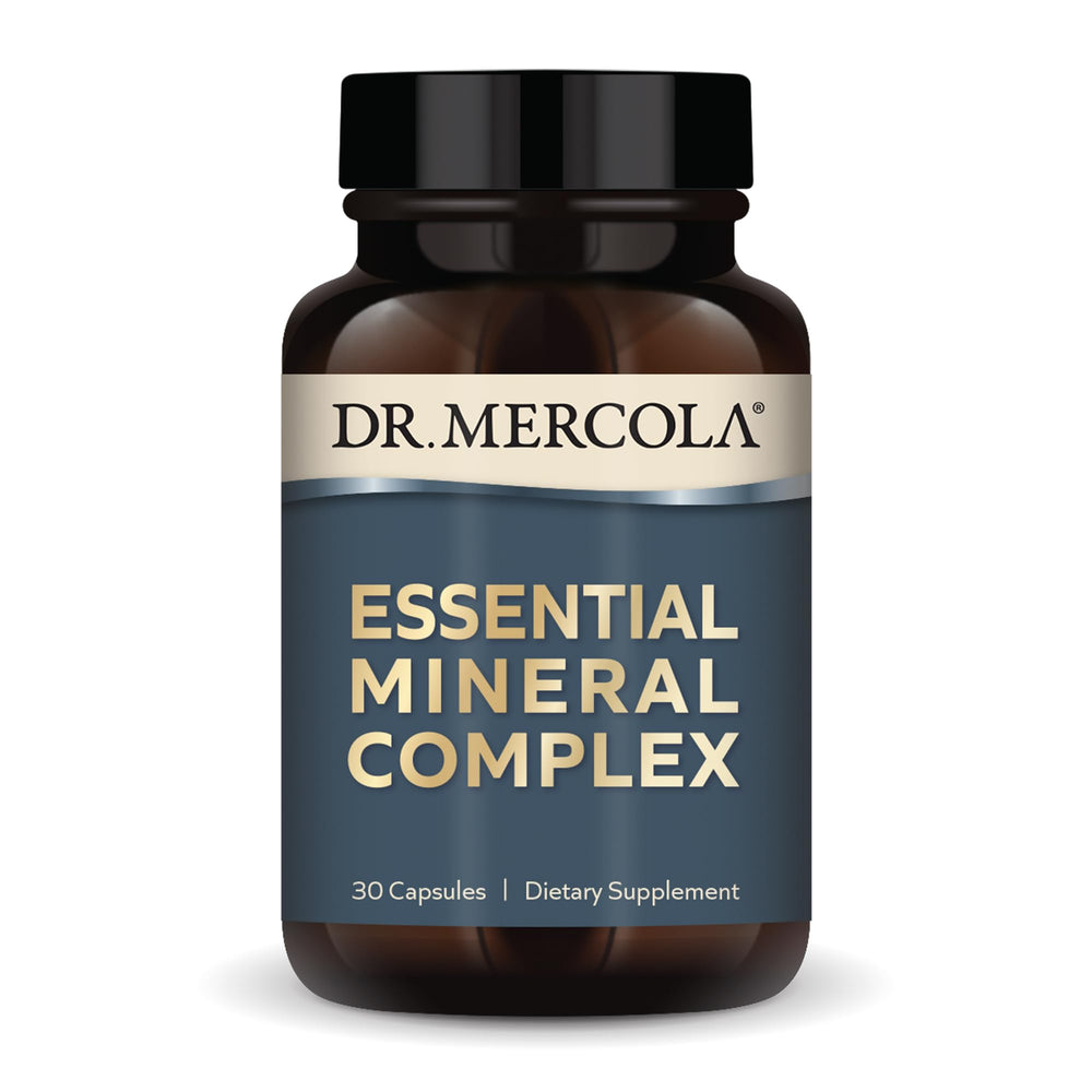 Dr. Mercola Essential Mineral Complex bottle with label displaying 30 servings