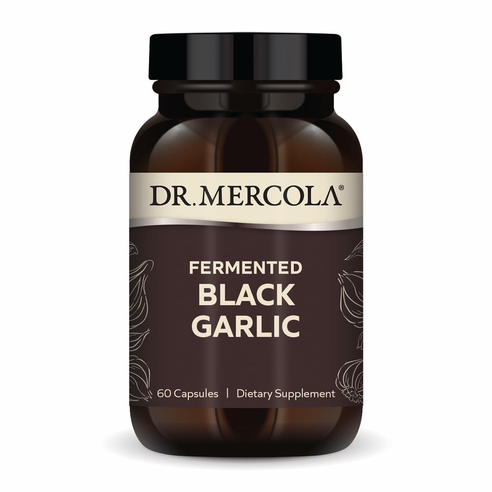 Bottle of Dr. Mercola Fermented Black Garlic capsules