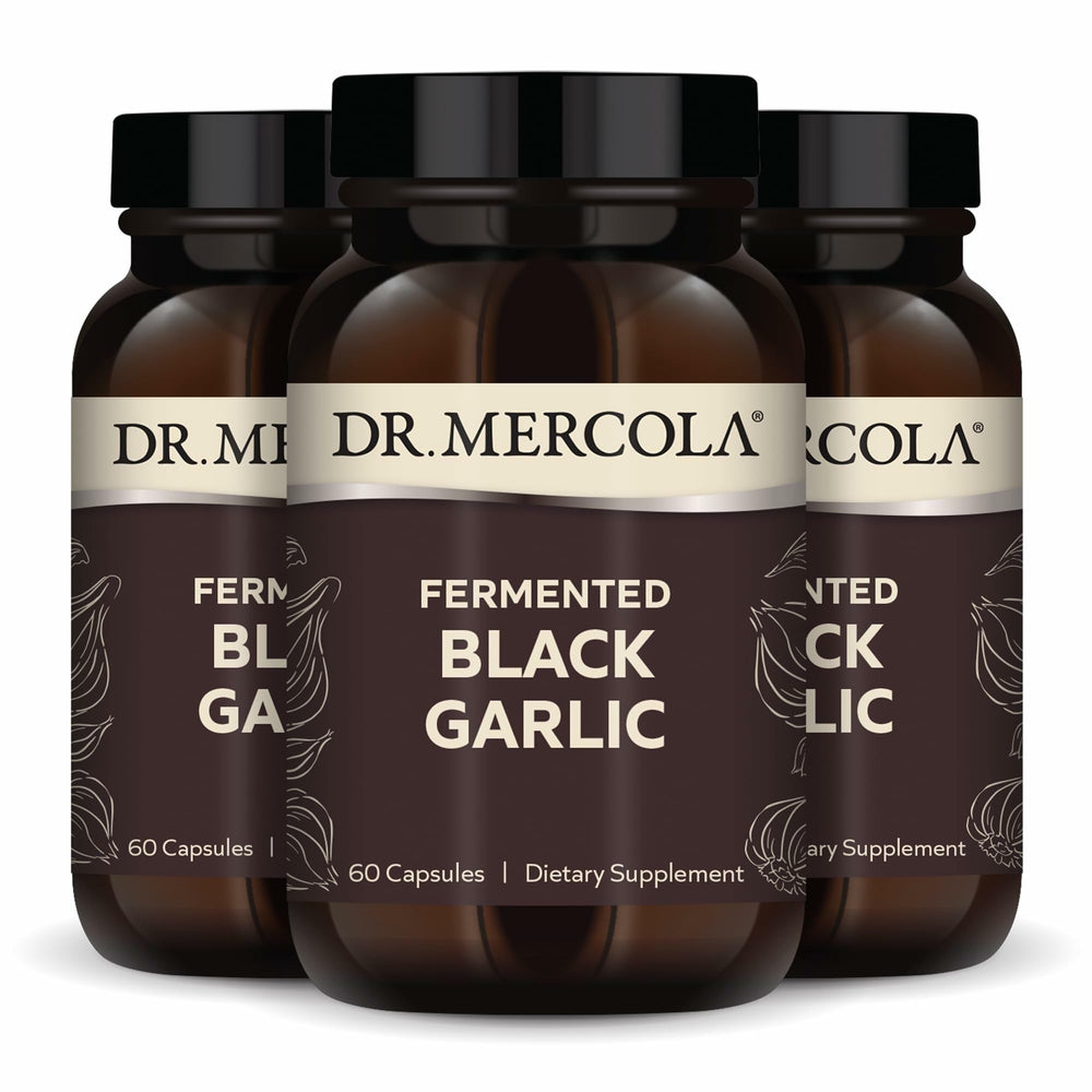 Front view of Dr. Mercola Fermented Black Garlic bottle