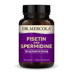 Front view of Dr. Mercola Fisetin and Spermidine bottle packaging