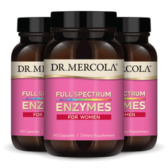 Dr Mercola Full Spectrum Enzymes for Women 90-capsule bottle shot emphasizes long-lasting supply