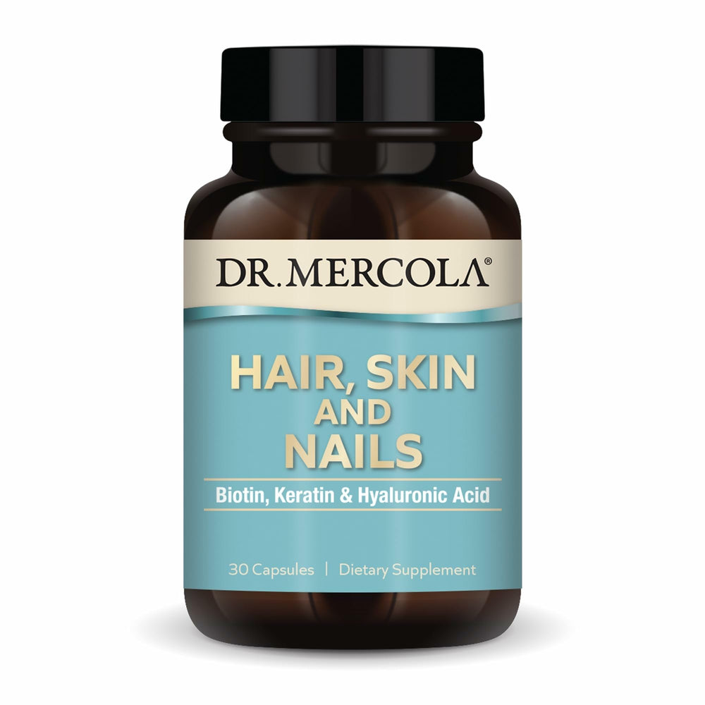 Dr. Mercola Hair, Skin and Nails bottle and capsules on white background