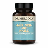 Dr. Mercola Hair, Skin and Nails bottle and capsules on white background