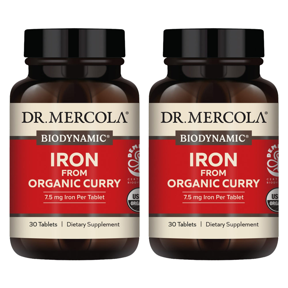 Front label of Dr. Mercola Iron from Organic Curry bottle