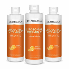 Front view of Dr. Mercola Liquid Liposomal Vitamin C Citrus Vanilla 450 mL bottle - 3 pack