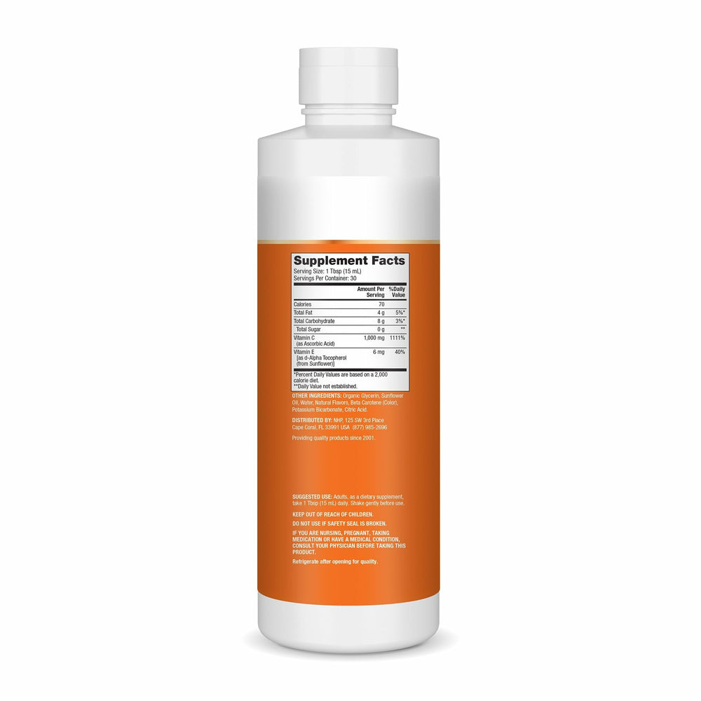 Close-up of bottle label showing 1,000 mg vitamin C per serving.