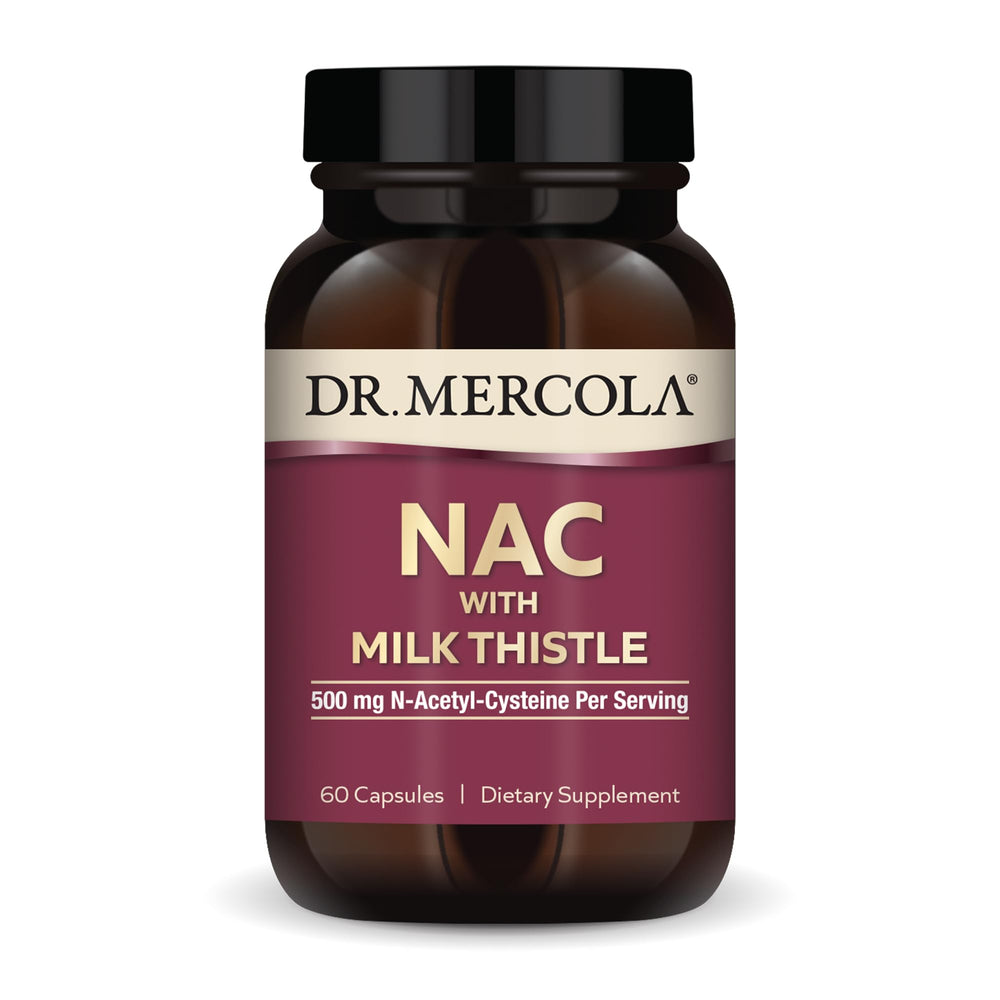 Dr. Mercola NAC with Milk Thistle bottle label showing 60 capsules and 500 mg NAC per serving