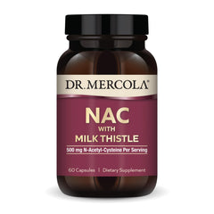 Dr. Mercola NAC with Milk Thistle bottle label showing 60 capsules and 500 mg NAC per serving