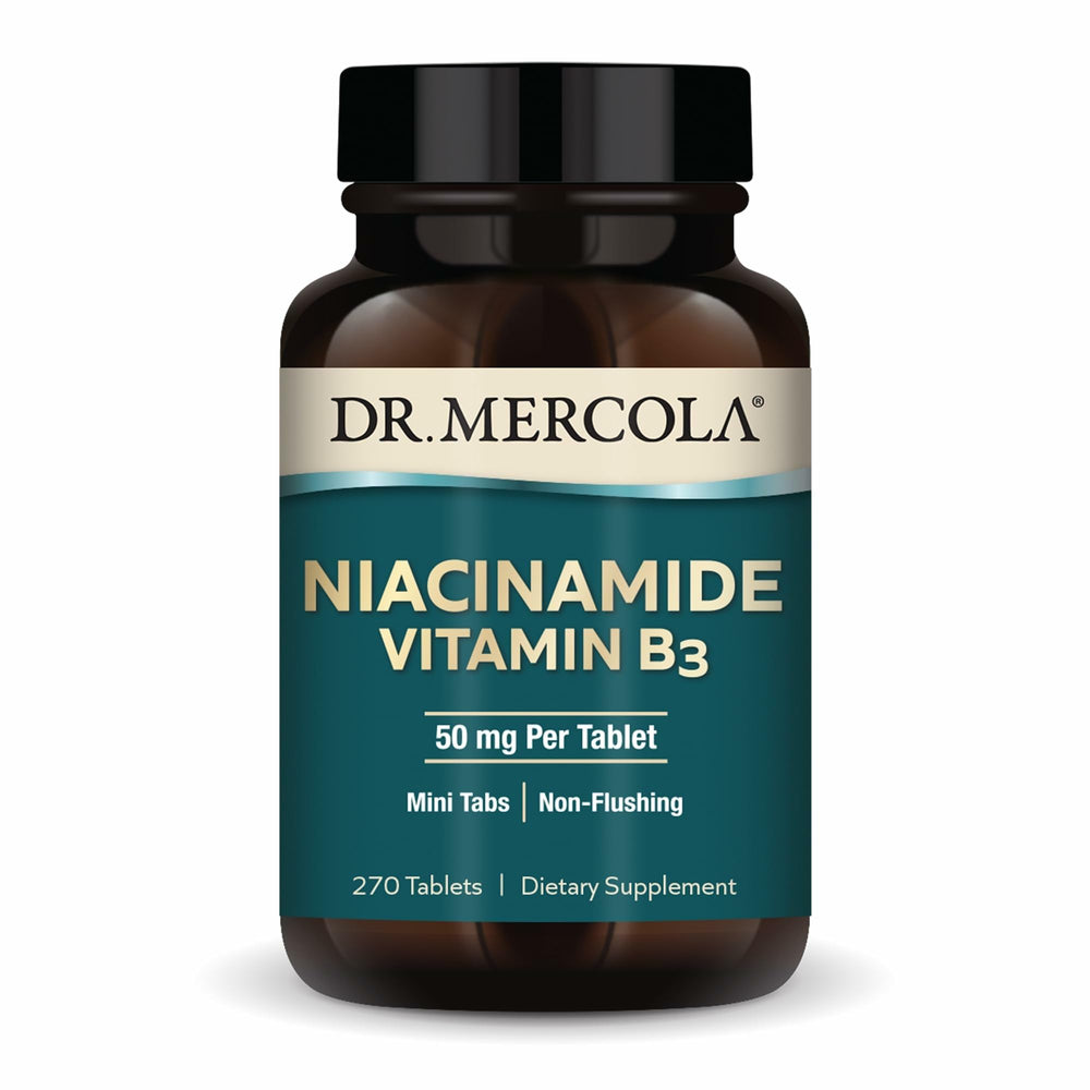 Bottle of Dr. Mercola Niacinamide B3 50 mg mini tabs, 270 servings