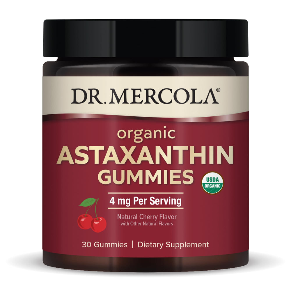 Bottle of Dr. Mercola Organic Astaxanthin Gummies with label