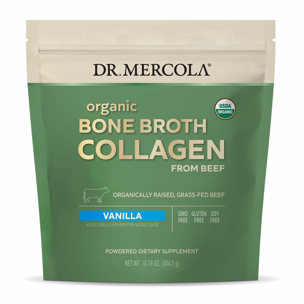 Dr. Mercola Organic Bone Broth Collagen Powder Vanilla bottle with scoop
