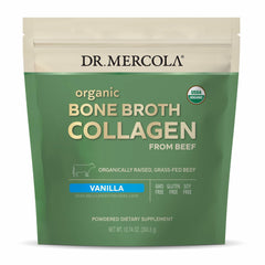 Dr. Mercola Organic Bone Broth Collagen Powder Vanilla bottle with scoop