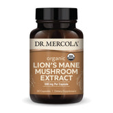 Dr. Mercola Organic Lion's Mane Mushroom Extract bottle label — 500 mg per capsule, 30 capsules.