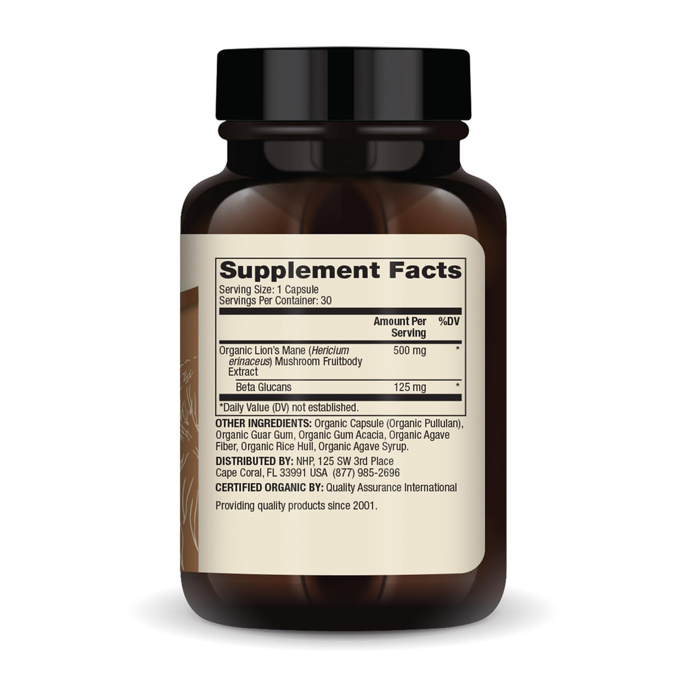 Close-up of Lion's Mane Mushroom Extract capsules with bottle.