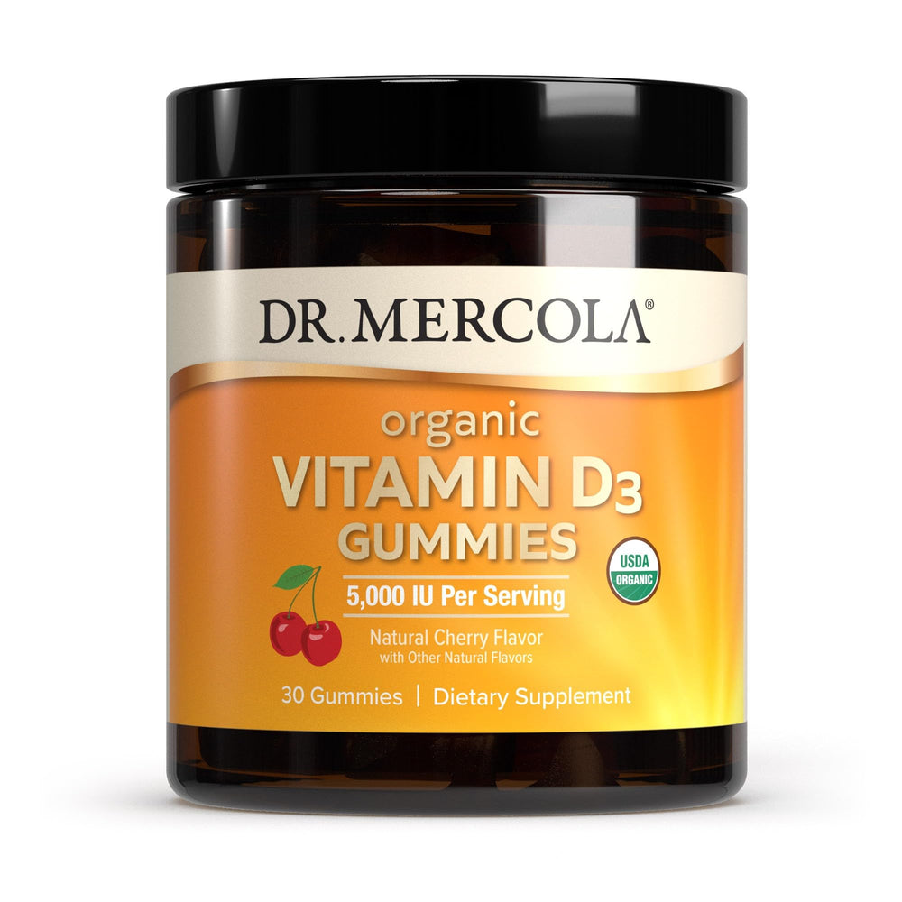 Bottle of Dr. Mercola Organic Vitamin D3 Gummies, cherry flavor, 30 servings