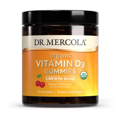 Bottle of Dr. Mercola Organic Vitamin D3 Gummies, cherry flavor, 30 servings
