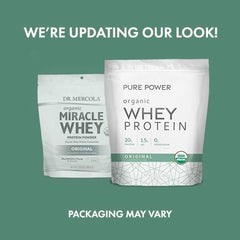 Dr. Mercola Pure Power Organic Whey Protein nutrition panel—0 g added sugar; gluten- and soy-free.