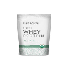 Dr. Mercola Pure Power Organic Whey Protein tub front—high-protein fueling for workouts.