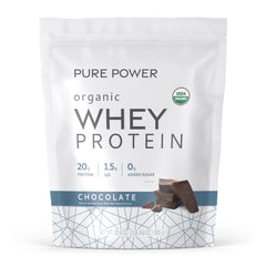 Dr. Mercola Pure Power Whey Chocolate packaging highlights 15 servings and organic protein benefits.