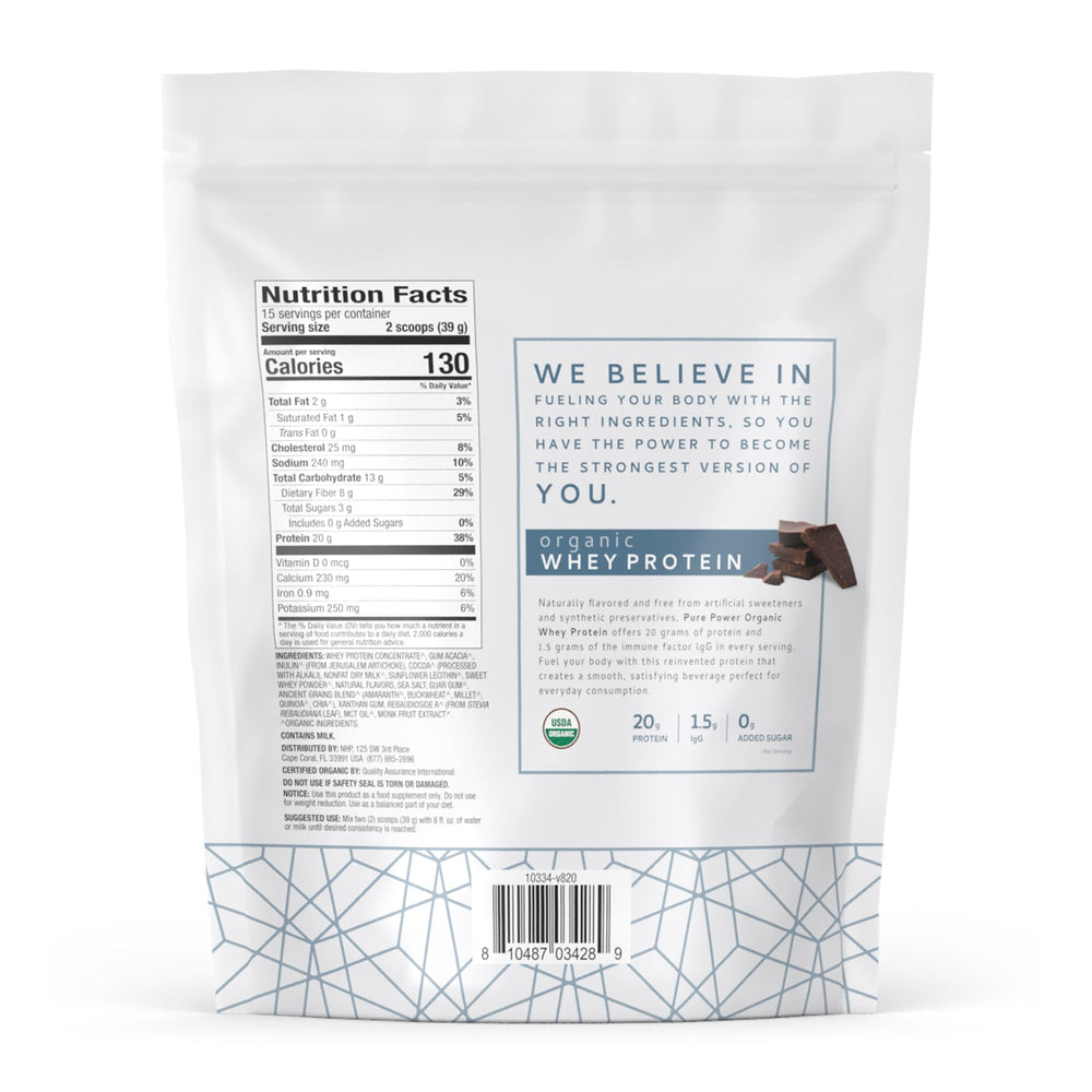 Dr. Mercola Pure Power Whey Chocolate scoop shows convenient 20 g protein per serving for recovery.