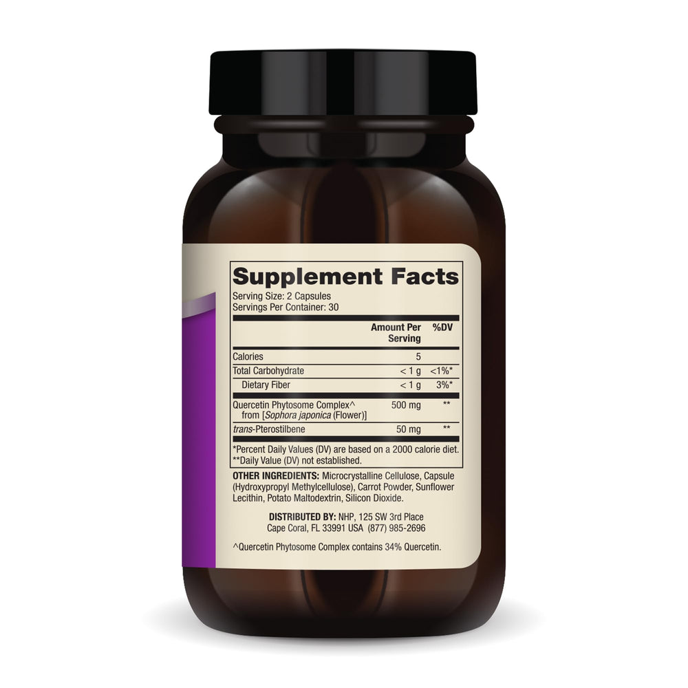 Close-up of product label showing 500 mg quercetin and high bioavailability