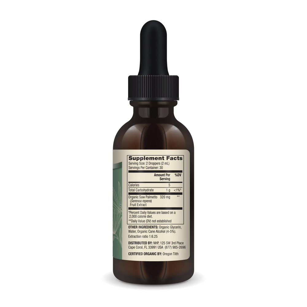 Close-up of dropper dispensing liquid from the Saw Palmetto bottle