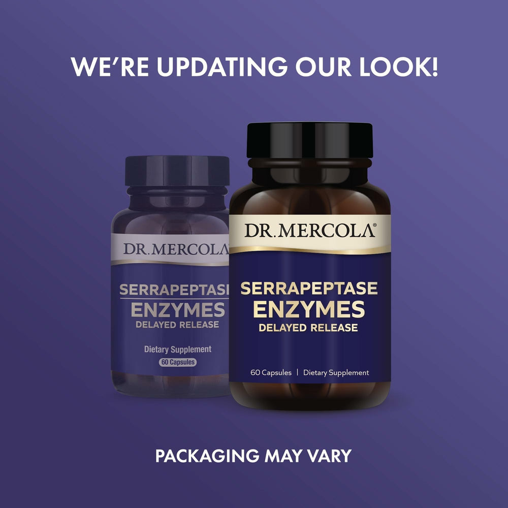 Close-up of the product label on Dr. Mercola Serrapeptase Enzymes