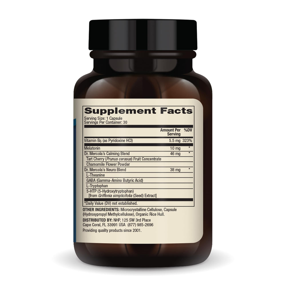 Close-up of Sleep Support bottle label highlighting 10 mg melatonin per serving