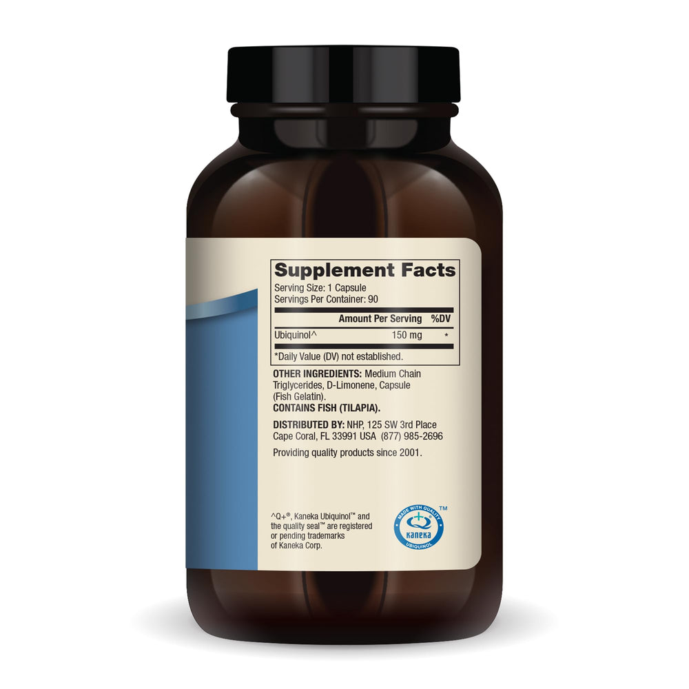 Back label showing ingredients and dosage for Ubiquinol 150 mg