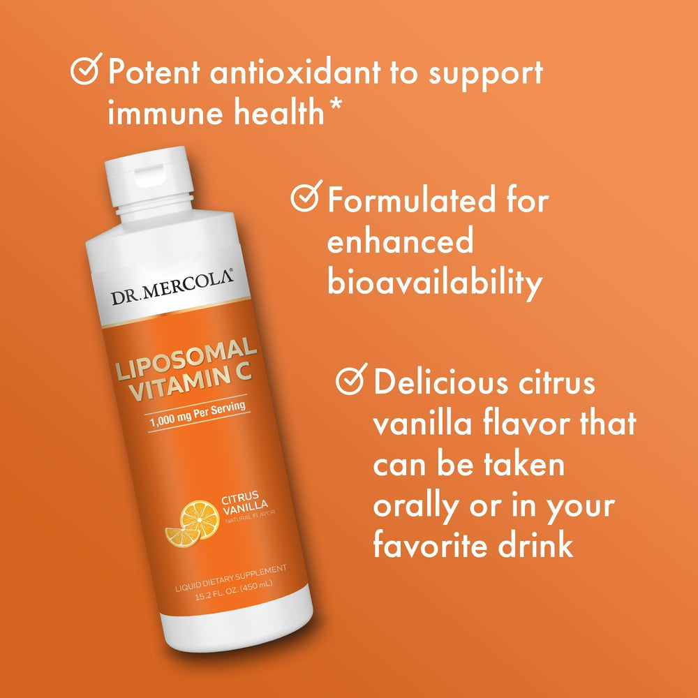 Liquid vitamin C in citrus vanilla flavor ready to mix with a beverage.