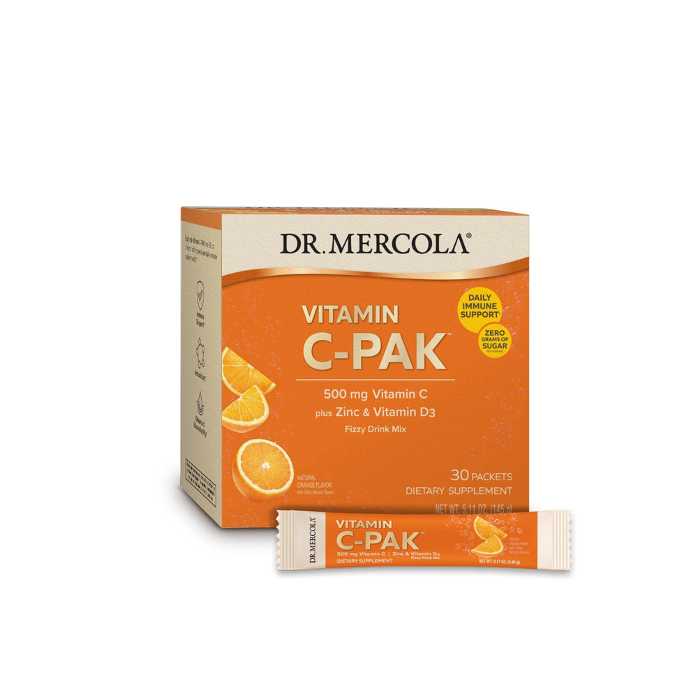 Dr. Mercola Vitamin C-PAK orange fizzy drink sachet close-up