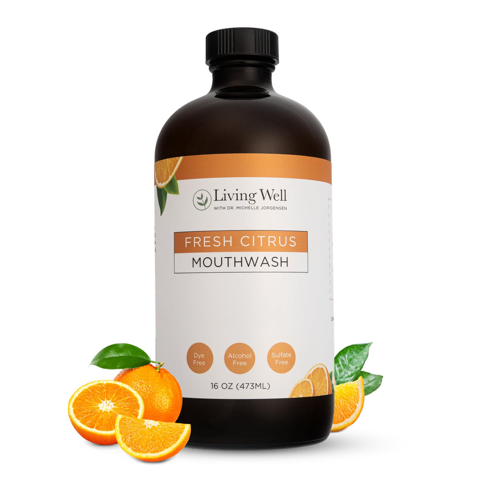 Front view of Dr. Michelle Fresh Citrus Remineralizing Mouthwash bottle