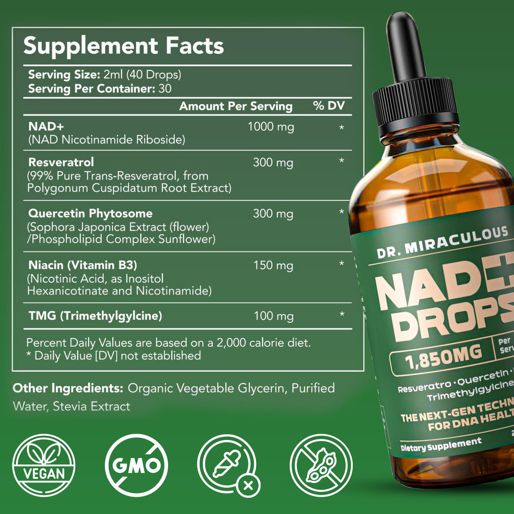 NAD+ liquid drops bottle and dropper for easy dosing