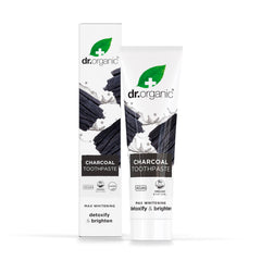 Front view of Dr Organic Extra Whitening Charcoal Toothpaste 100ml tube