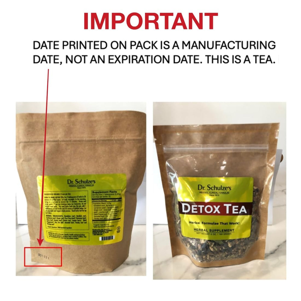 Dr. Schulze’s Detox Tea with dandelion closeup emphasizes natural cleansing ingredients.