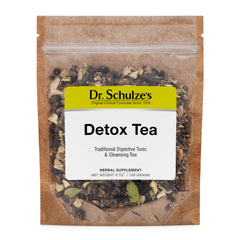 Dr. Schulze’s Detox Tea pack shot showcasing a natural blend for digestive support.