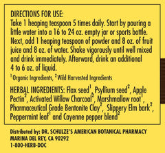 Dr. Schulze's Intestinal Formula #2 powder dissolving in juice for gentle digestion