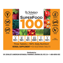Label for Dr. Schulze's SuperFood 100 showing vitamins and plant-based ingredients