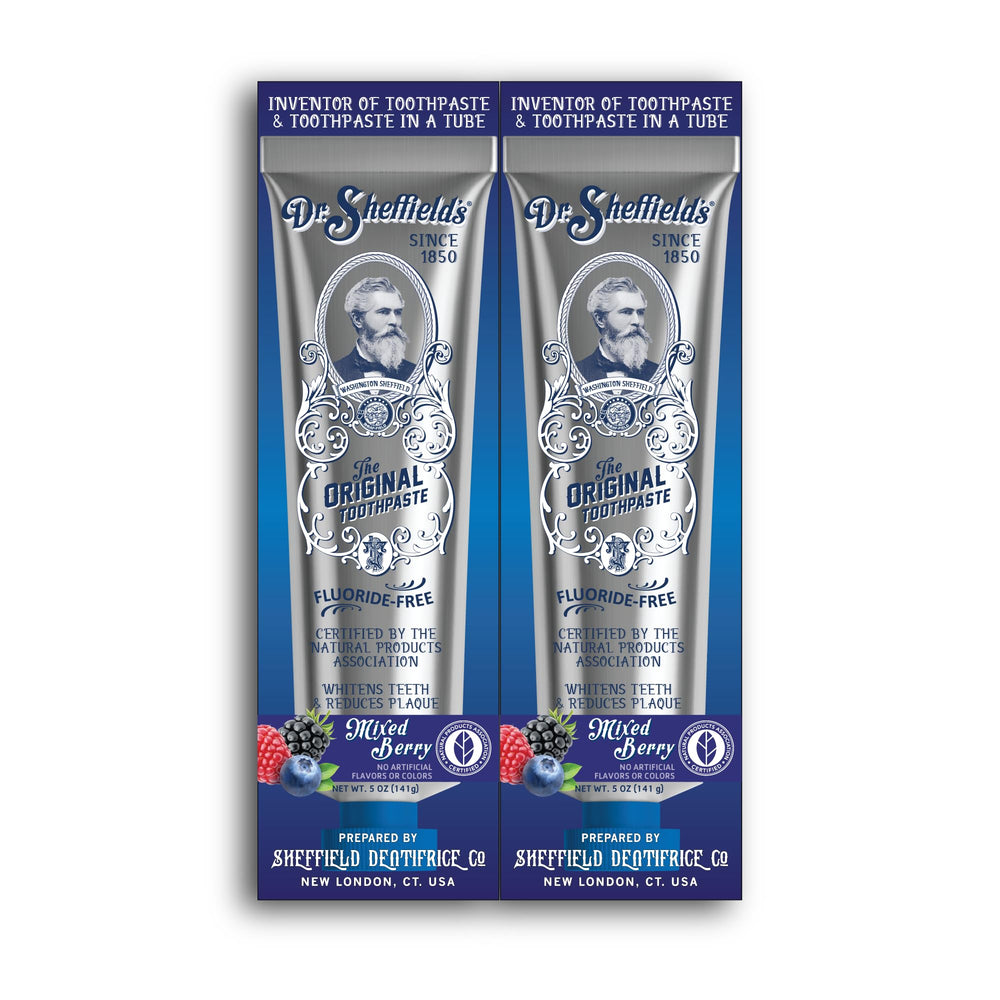 Front view of Dr. Sheffield’s Mixed Berry Natural Toothpaste tube