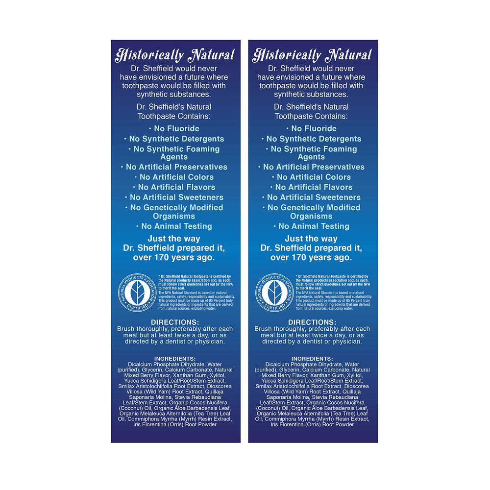 Icons indicating no fluoride and no synthetic additives