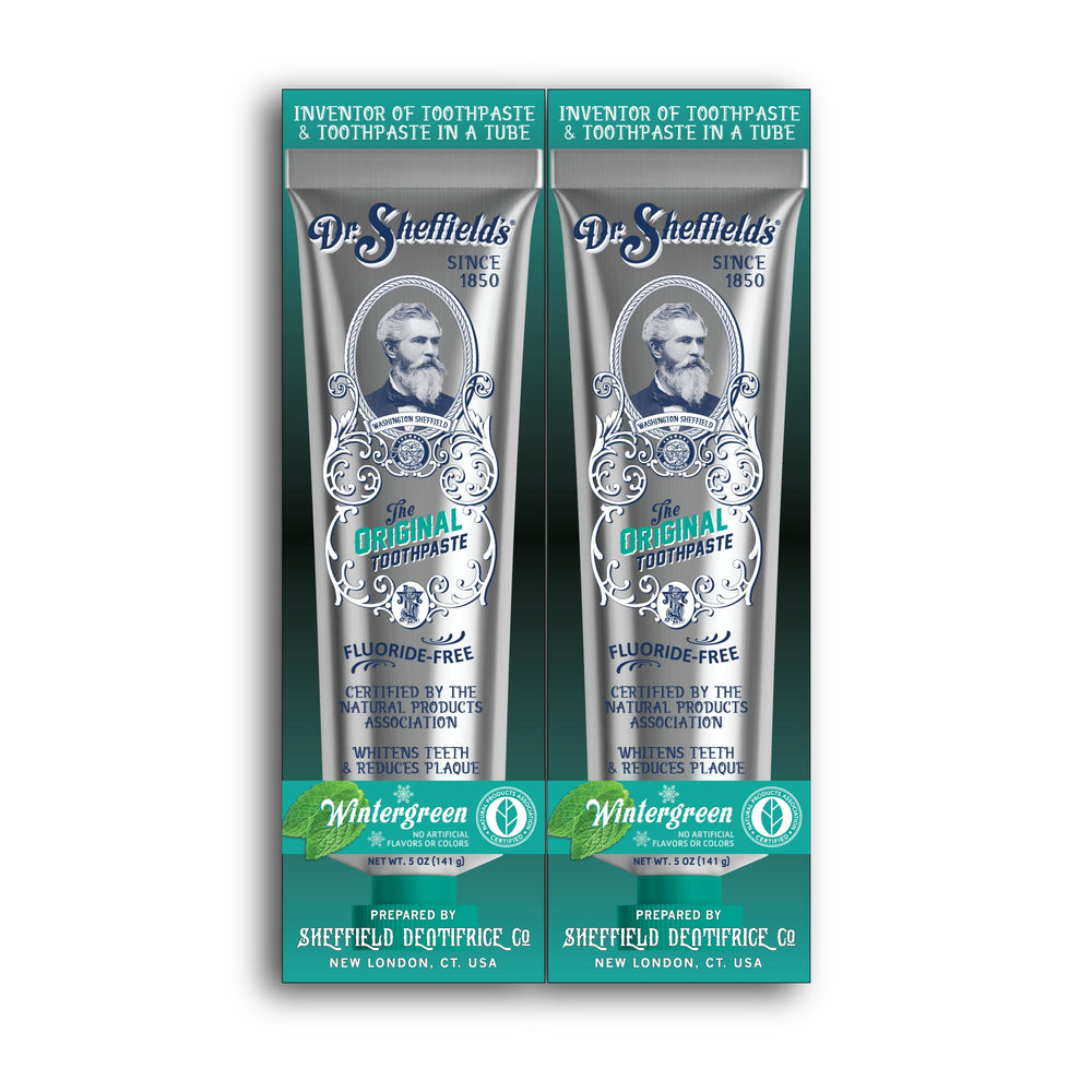 Front packaging and bottle of Dr. Sheffield’s Wintergreen Certified Natural Toothpaste