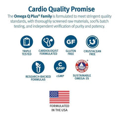 Graphic showing heart health and cholesterol support from Omega Q Plus MAX