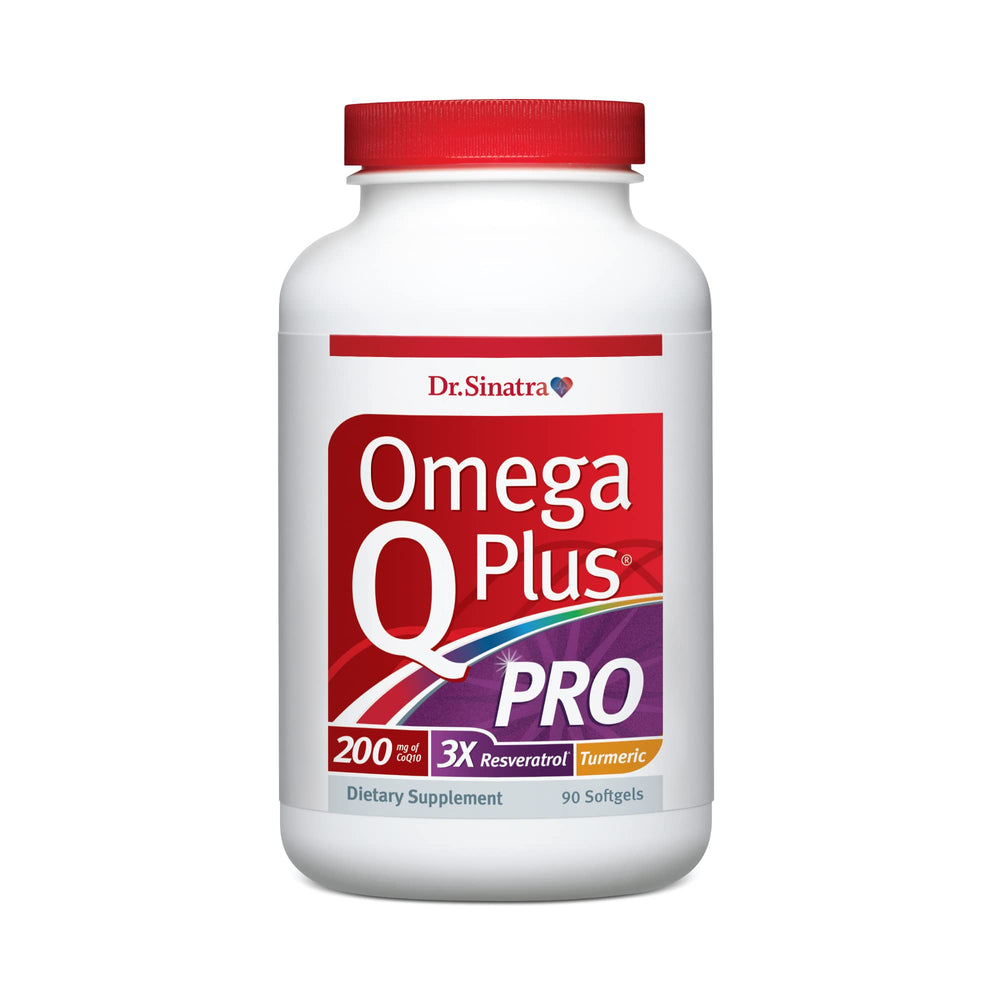 Front view of Dr. Sinatra Omega Q Plus PRO bottle with 90 softgels