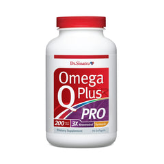 Front view of Dr. Sinatra Omega Q Plus PRO bottle with 90 softgels